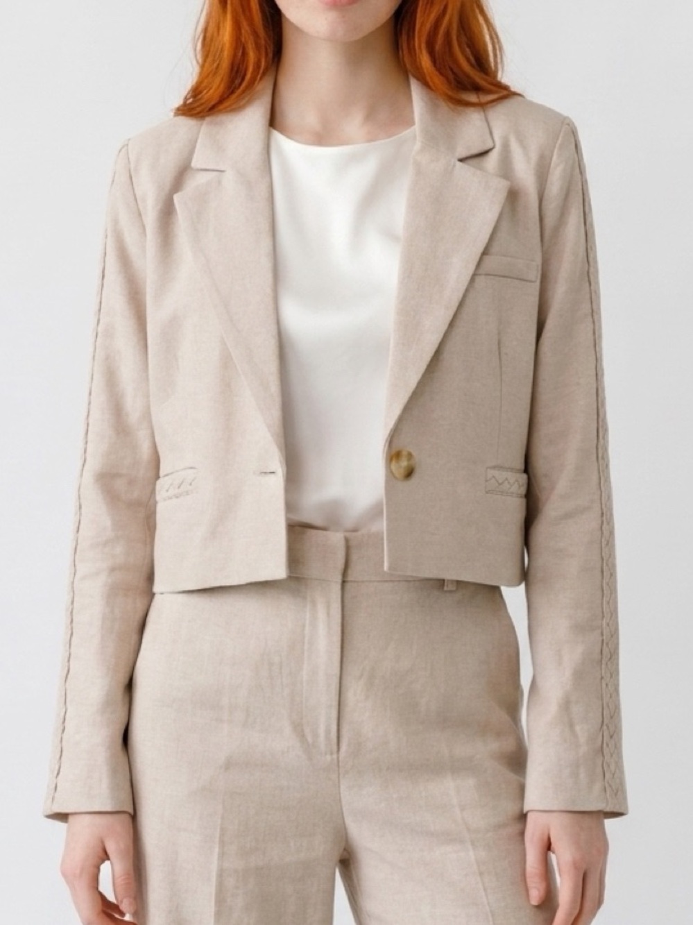 Jason Wu Cropped Linen-Blend Blazer in Beige Sz L